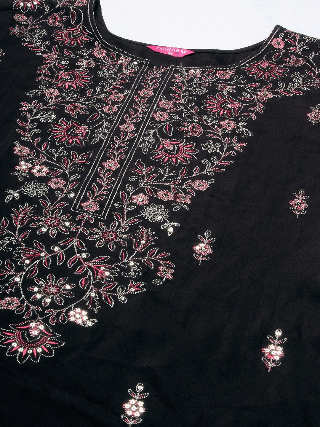 Solid Resham & Sequins Embroidered Kurta With Pants - Black - Indiakreations