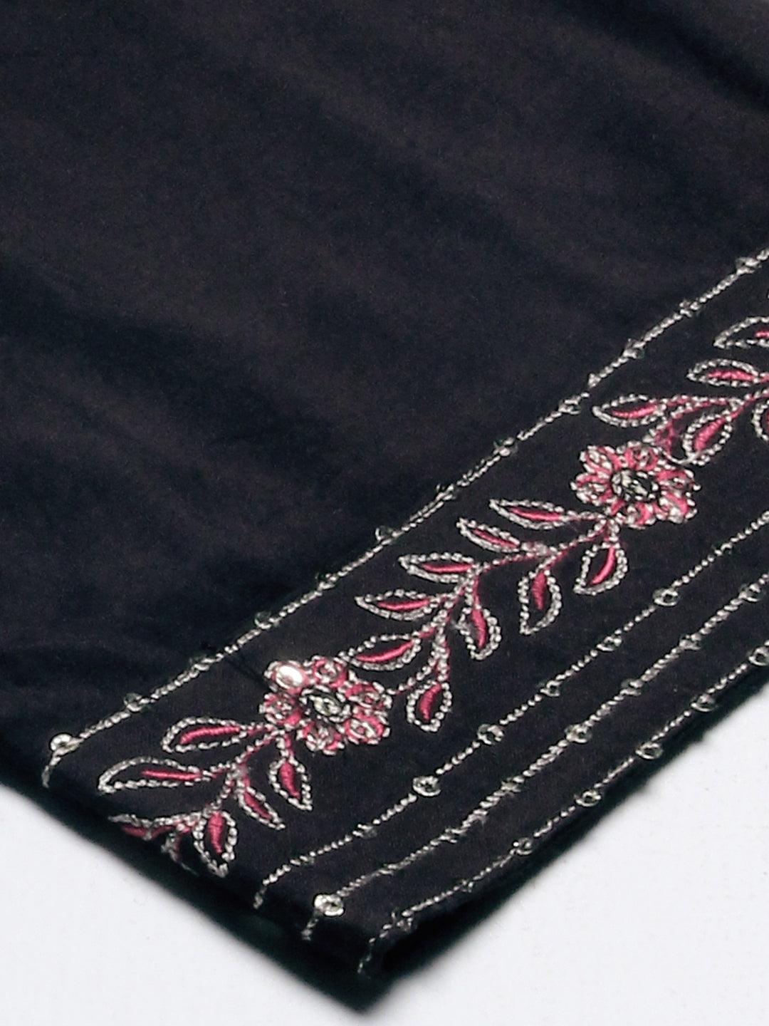 Solid Resham & Sequins Embroidered Kurta With Pants - Black - Indiakreations