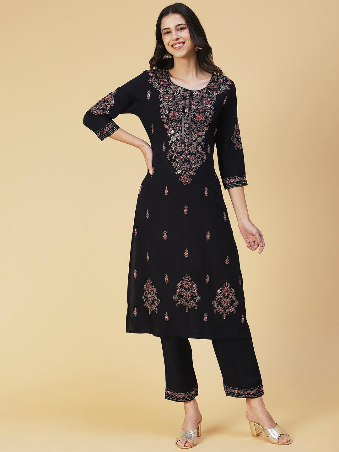 Solid Resham & Sequins Embroidered Kurta With Pants - Black - Indiakreations