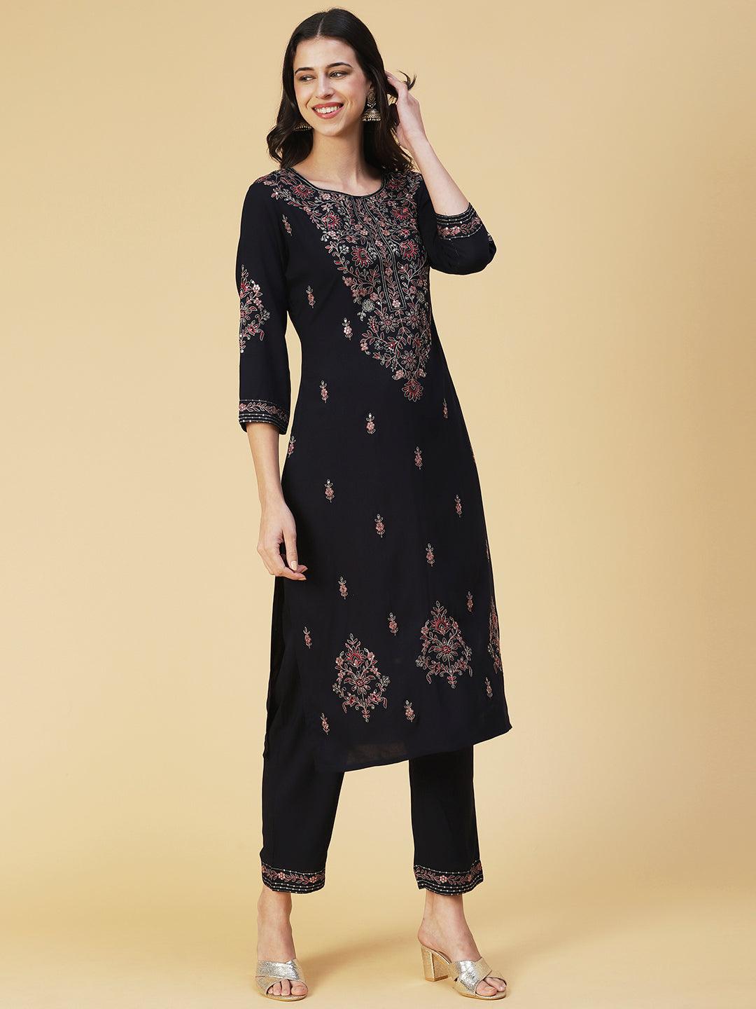 Solid Resham & Sequins Embroidered Kurta With Pants - Black - Indiakreations