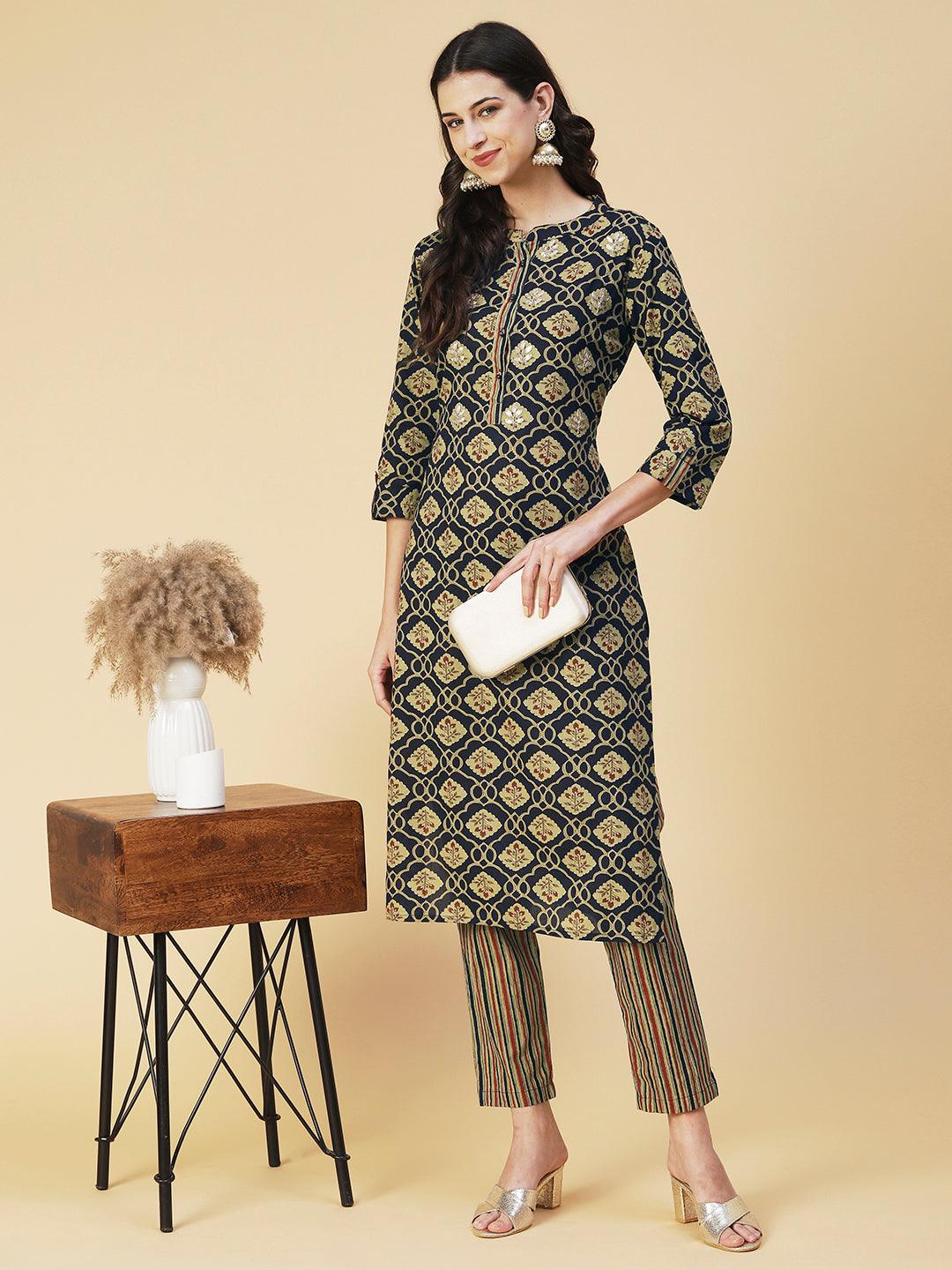 Ethnic Printed Gotapatti Embroidered Kurta With Striped Pants - Navy Blue - Indiakreations