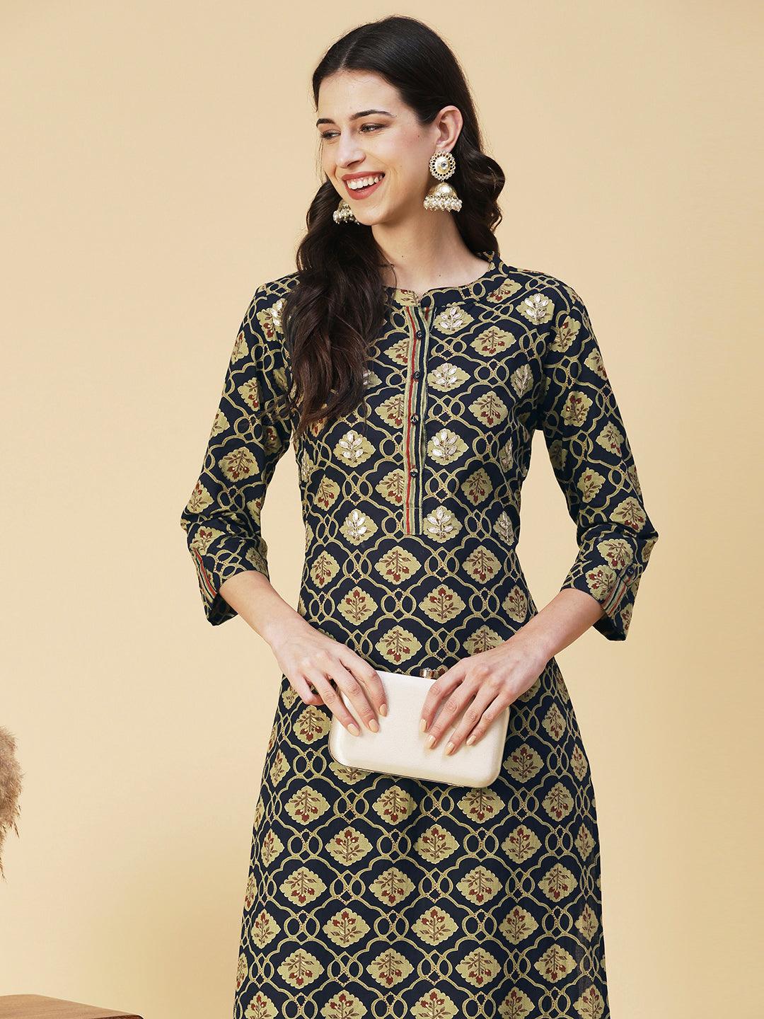 Ethnic Printed Gotapatti Embroidered Kurta With Striped Pants - Navy Blue - Indiakreations