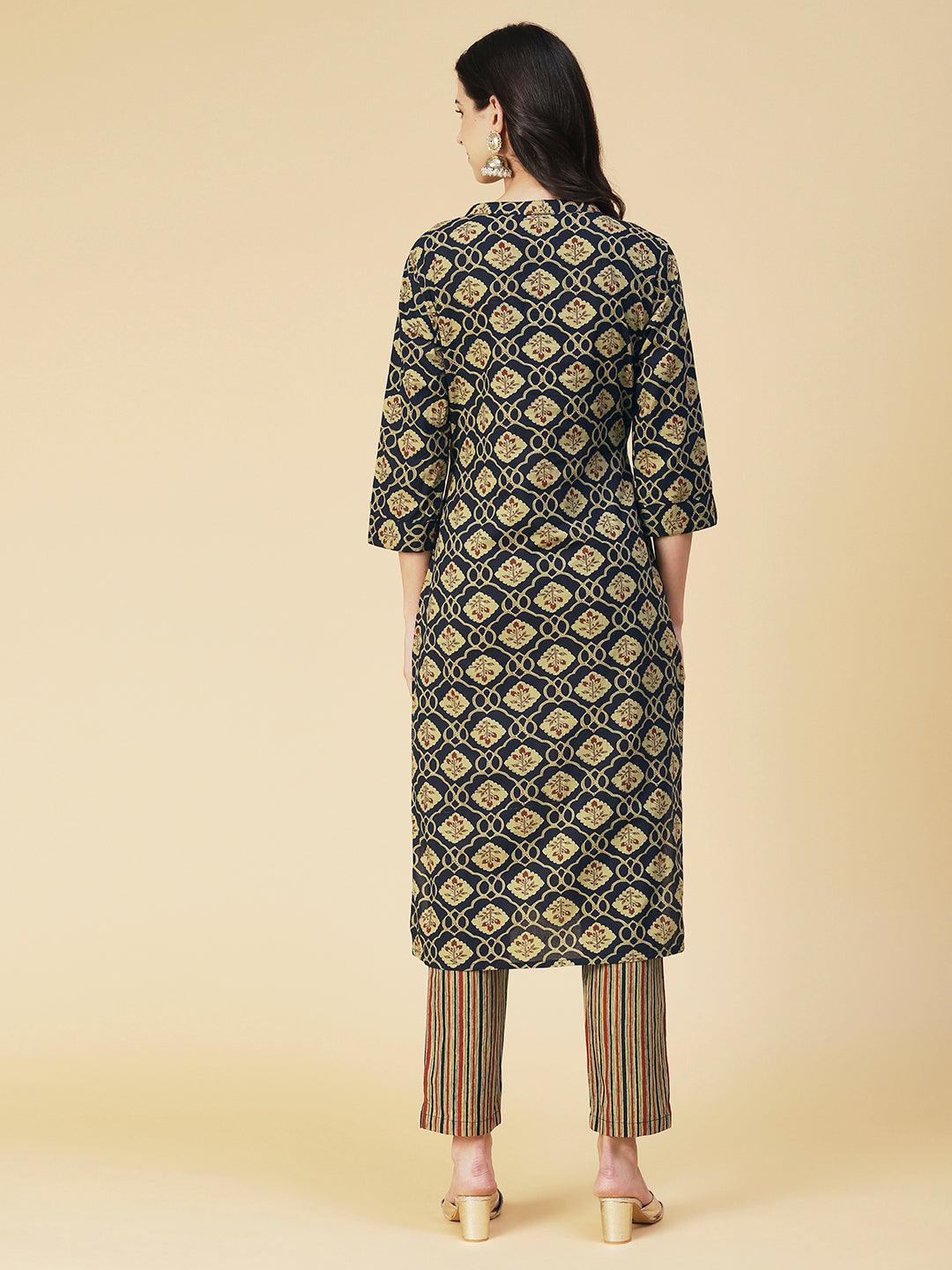 Ethnic Printed Gotapatti Embroidered Kurta With Striped Pants - Navy Blue - Indiakreations