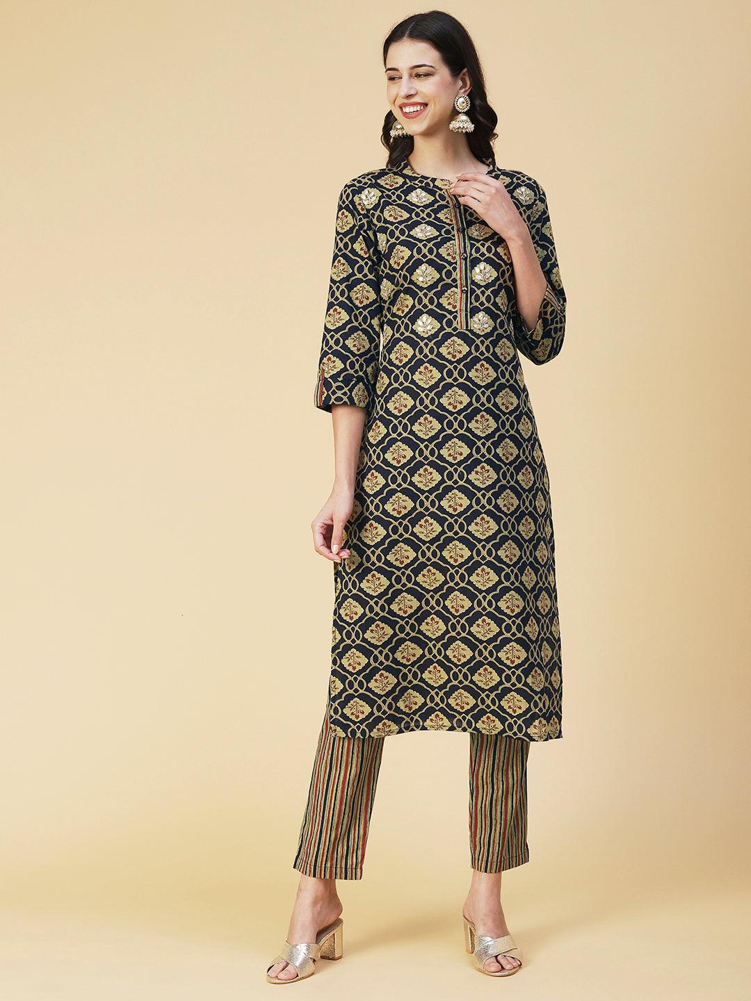 Ethnic Printed Gotapatti Embroidered Kurta With Striped Pants - Navy Blue - Indiakreations