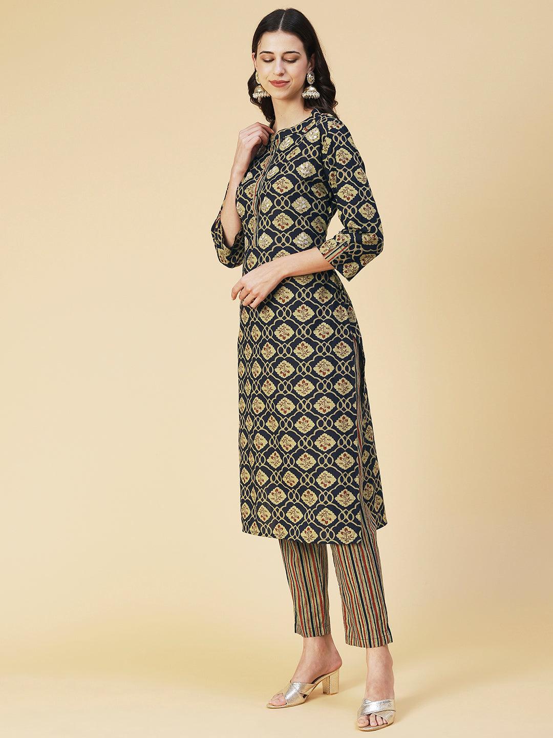 Ethnic Printed Gotapatti Embroidered Kurta With Striped Pants - Navy Blue - Indiakreations