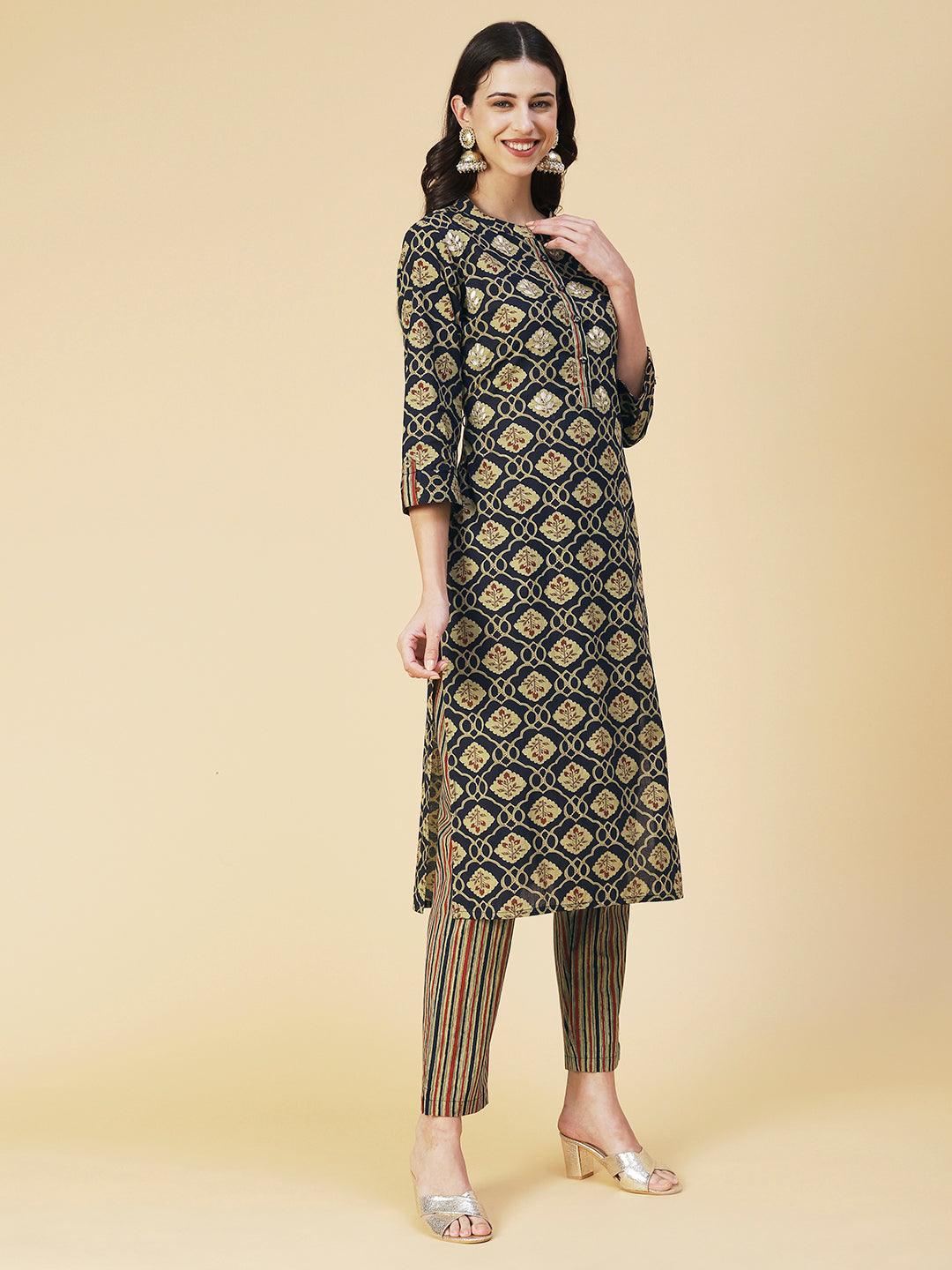 Ethnic Printed Gotapatti Embroidered Kurta With Striped Pants - Navy Blue - Indiakreations