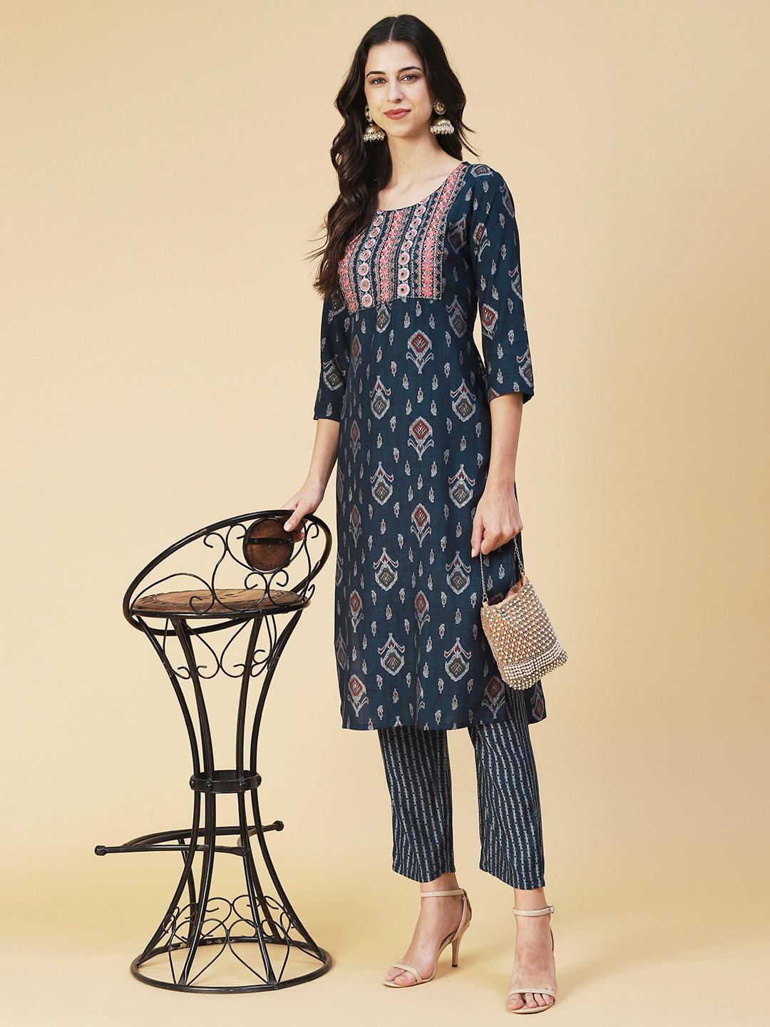 Ethnic Printed & Embroidered Straight Kurta & Pant - Navy Blue - Indiakreations