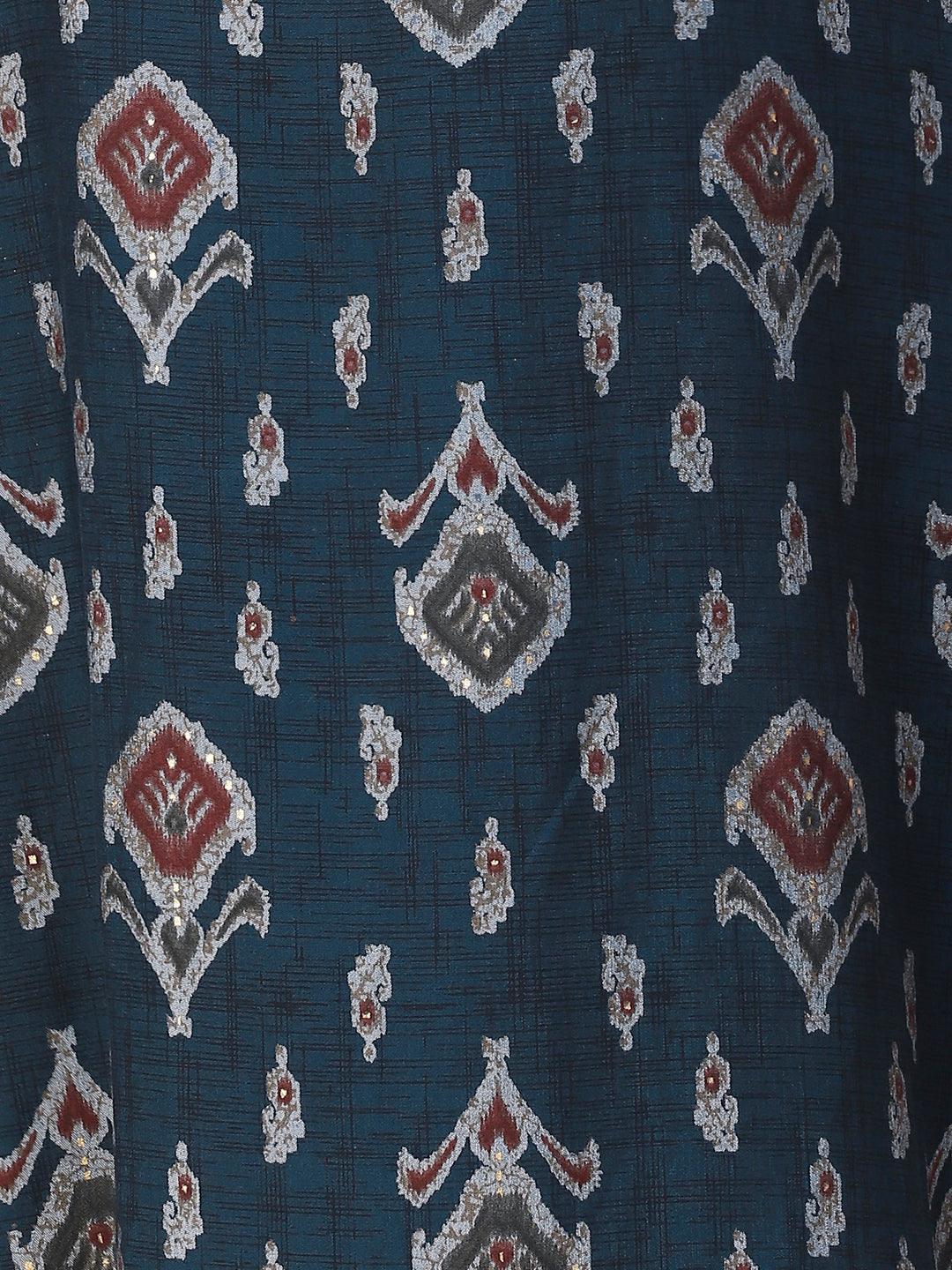 Ethnic Printed & Embroidered Straight Kurta & Pant - Navy Blue - Indiakreations