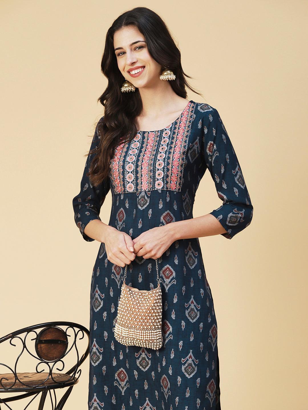 Ethnic Printed & Embroidered Straight Kurta & Pant - Navy Blue - Indiakreations