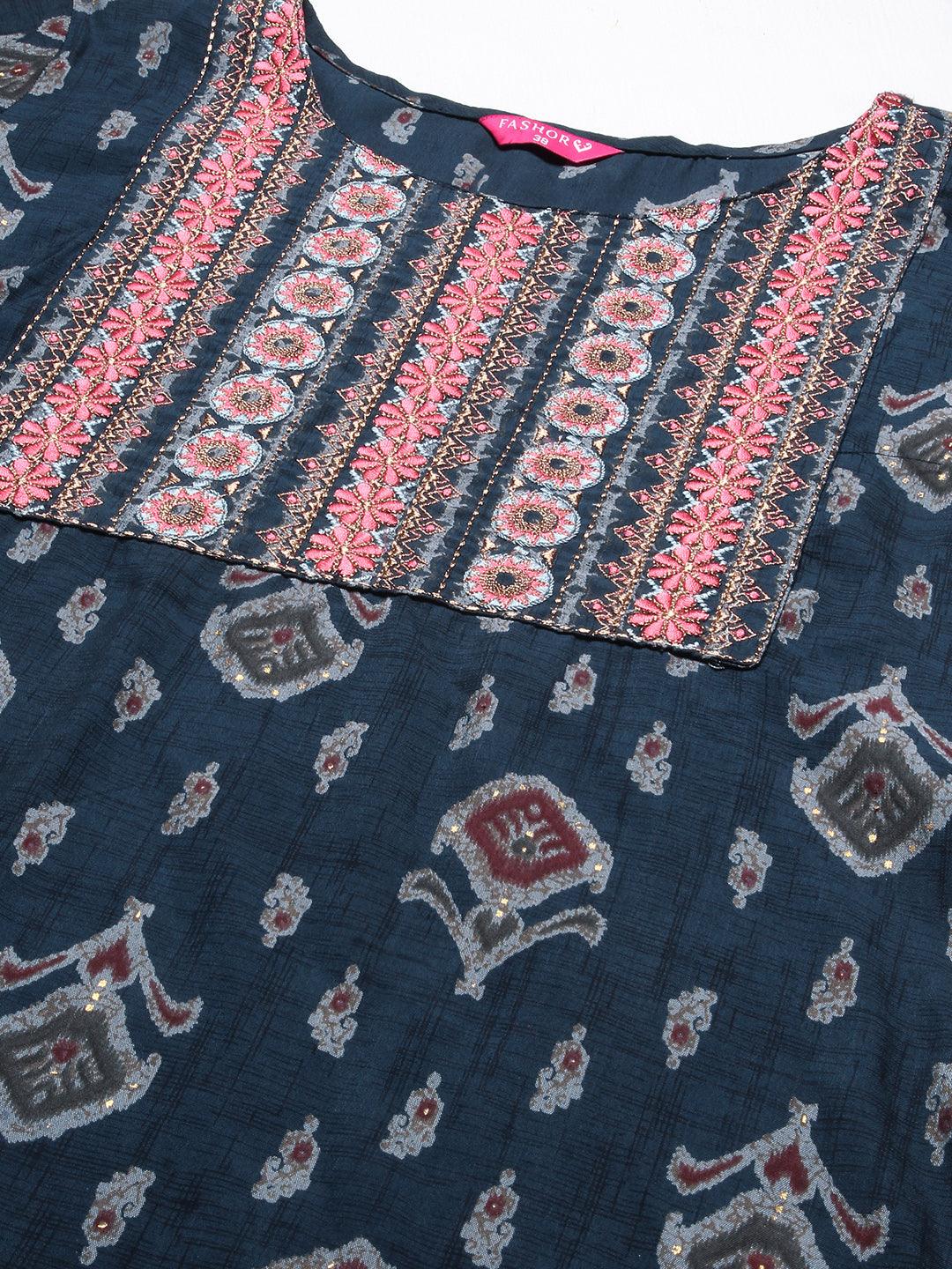 Ethnic Printed & Embroidered Straight Kurta & Pant - Navy Blue - Indiakreations