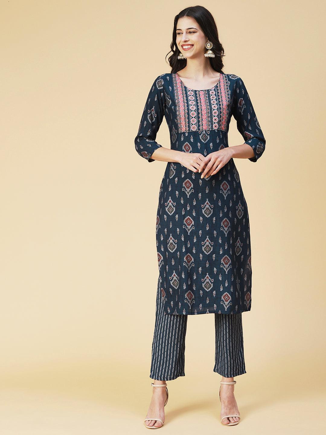 Ethnic Printed & Embroidered Straight Kurta & Pant - Navy Blue - Indiakreations