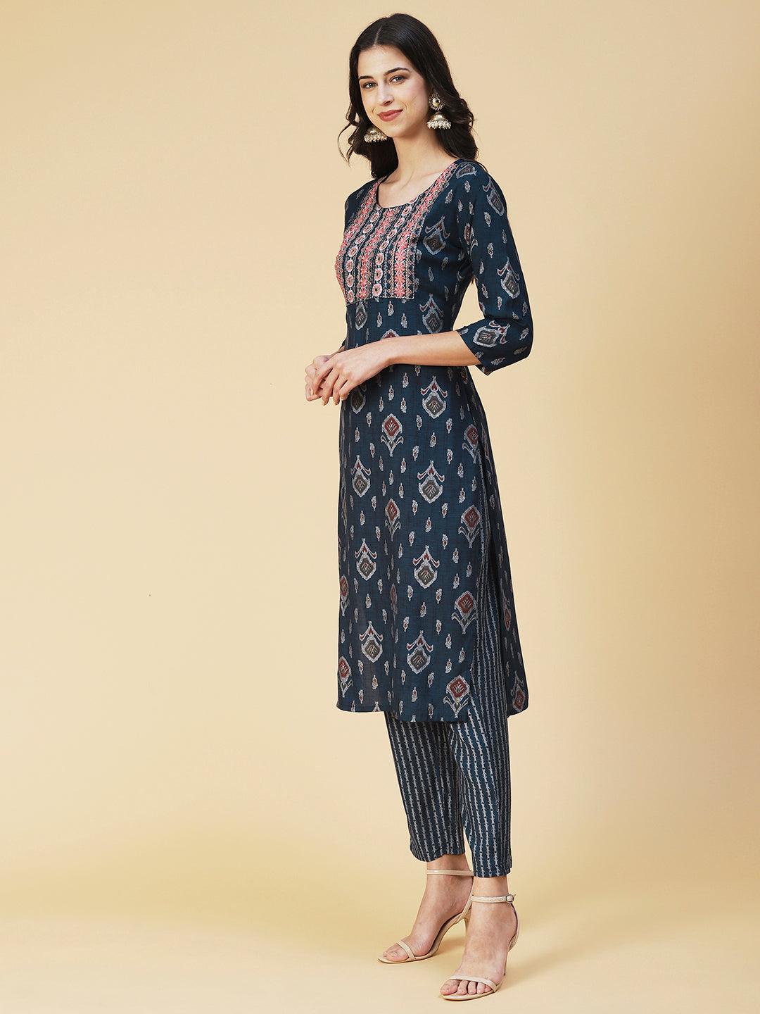 Ethnic Printed & Embroidered Straight Kurta & Pant - Navy Blue - Indiakreations