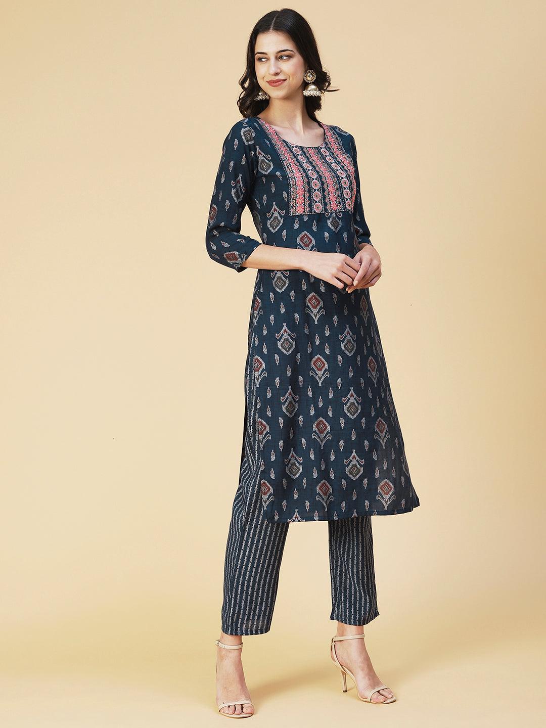 Ethnic Printed & Embroidered Straight Kurta & Pant - Navy Blue - Indiakreations