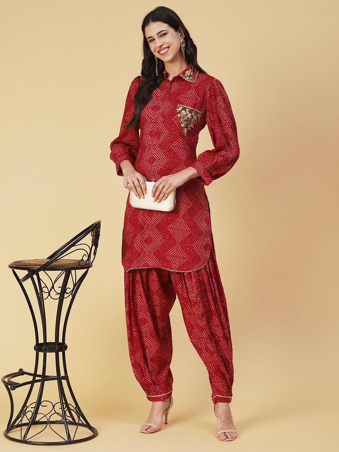 Bandhani Printed Mirror Embroidered Asymmetric Kurti With Salwar - Red - Indiakreations