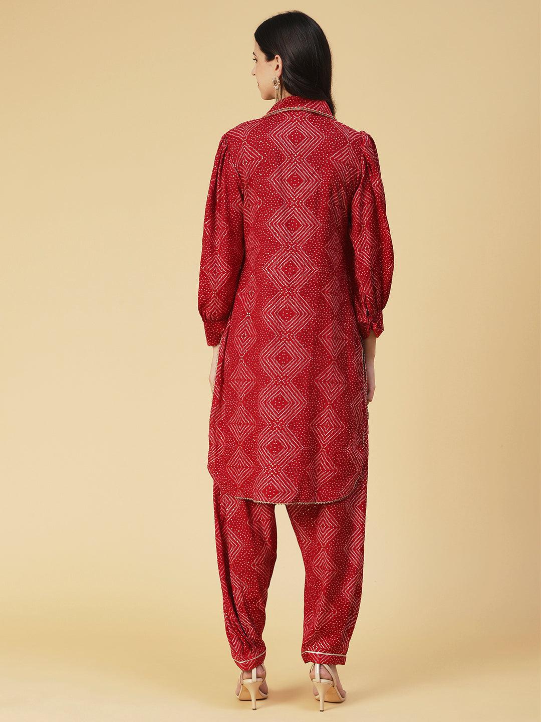 Bandhani Printed Mirror Embroidered Asymmetric Kurti With Salwar - Red - Indiakreations