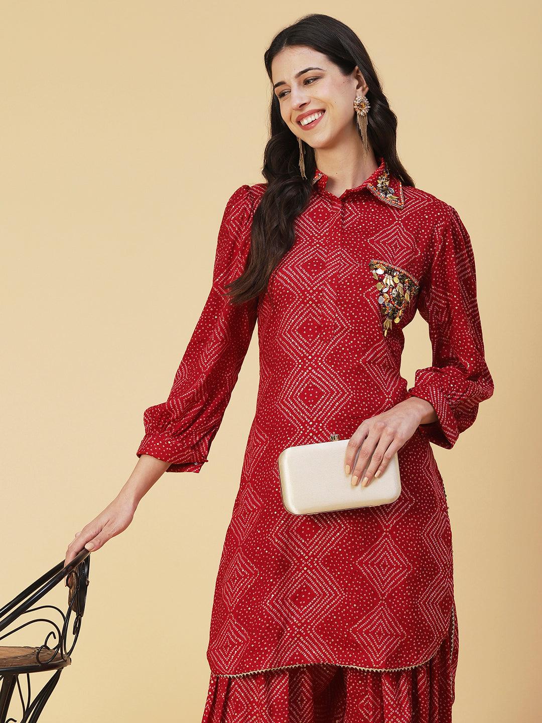 Bandhani Printed Mirror Embroidered Asymmetric Kurti With Salwar - Red - Indiakreations