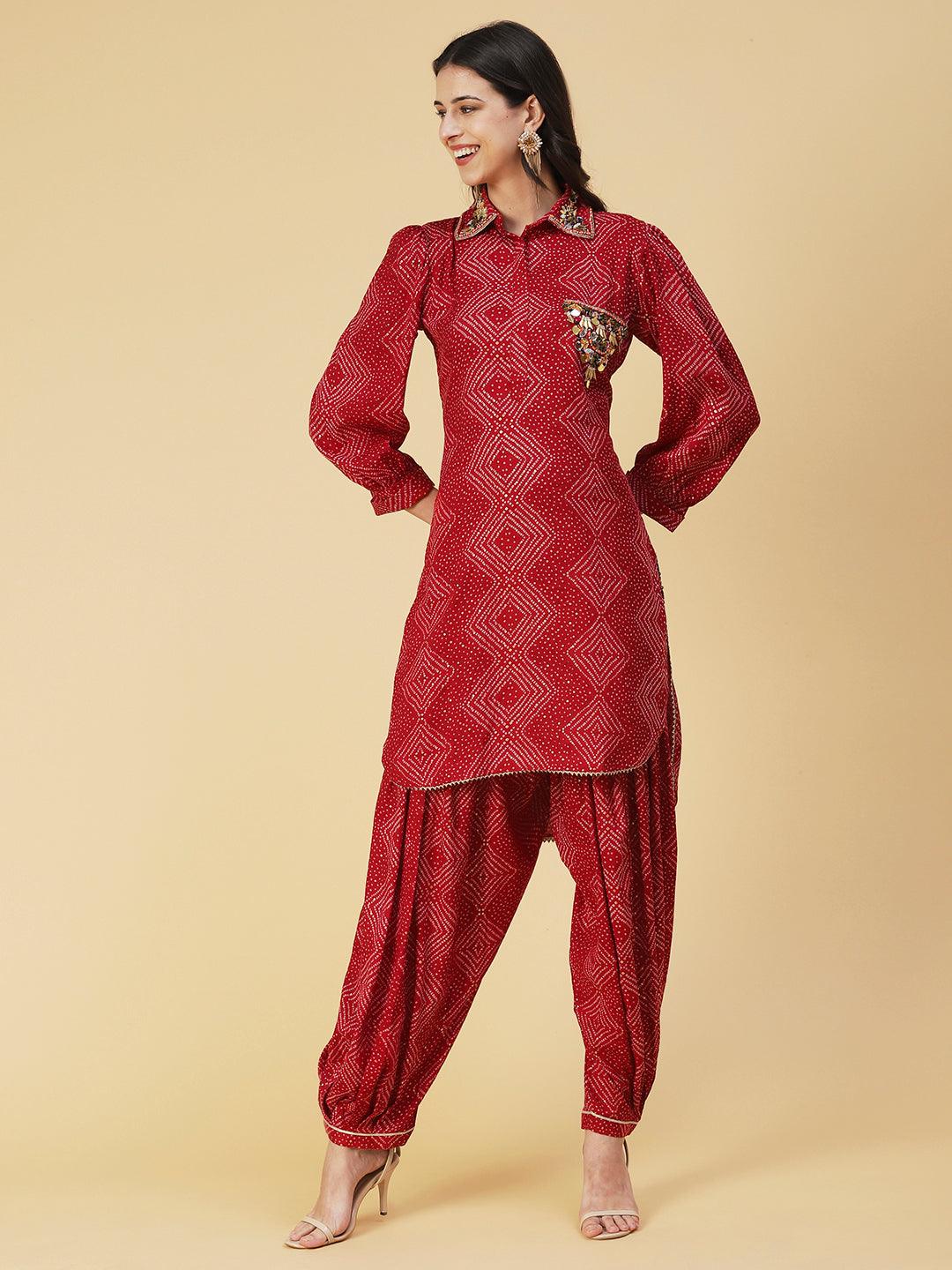 Bandhani Printed Mirror Embroidered Asymmetric Kurti With Salwar - Red - Indiakreations