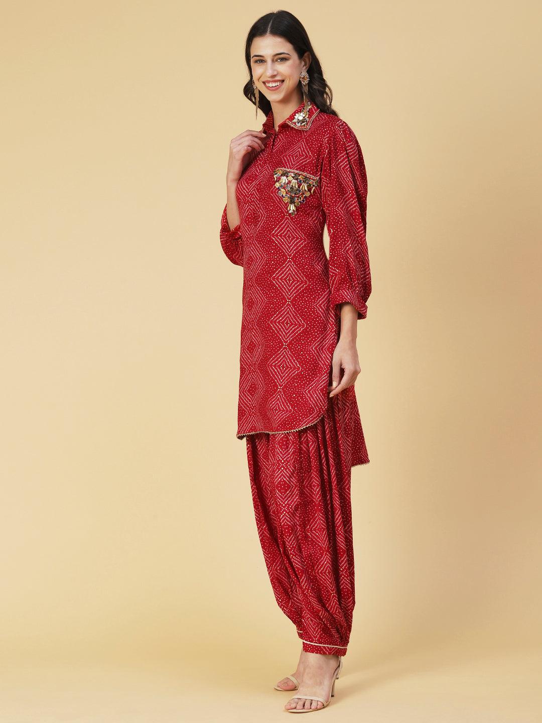 Bandhani Printed Mirror Embroidered Asymmetric Kurti With Salwar - Red - Indiakreations