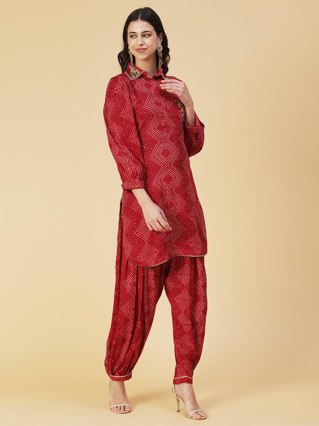 Bandhani Printed Mirror Embroidered Asymmetric Kurti With Salwar - Red - Indiakreations