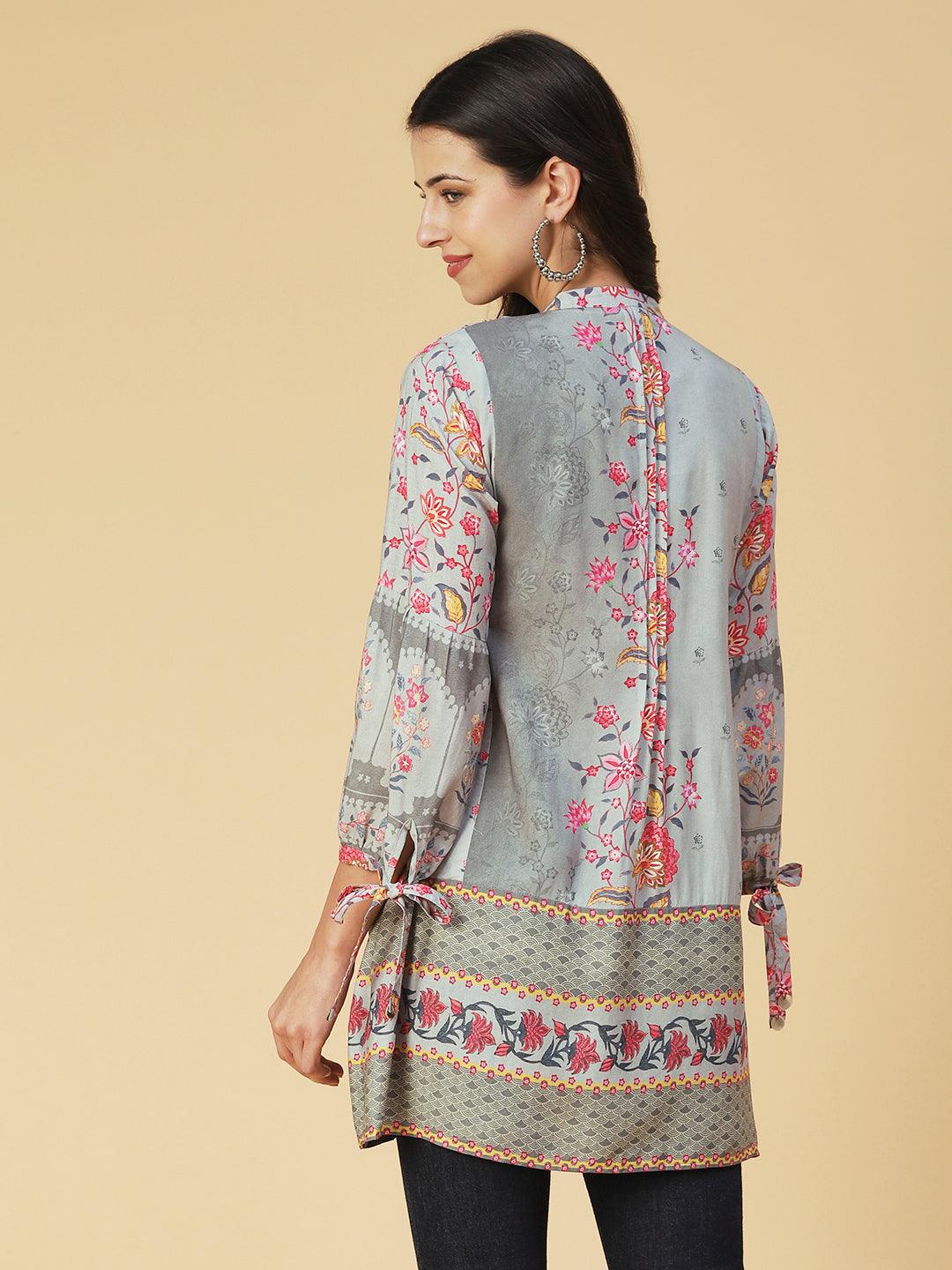 Floral Printed & Hand Embroidered A-Line Kurti - Grey - Indiakreations