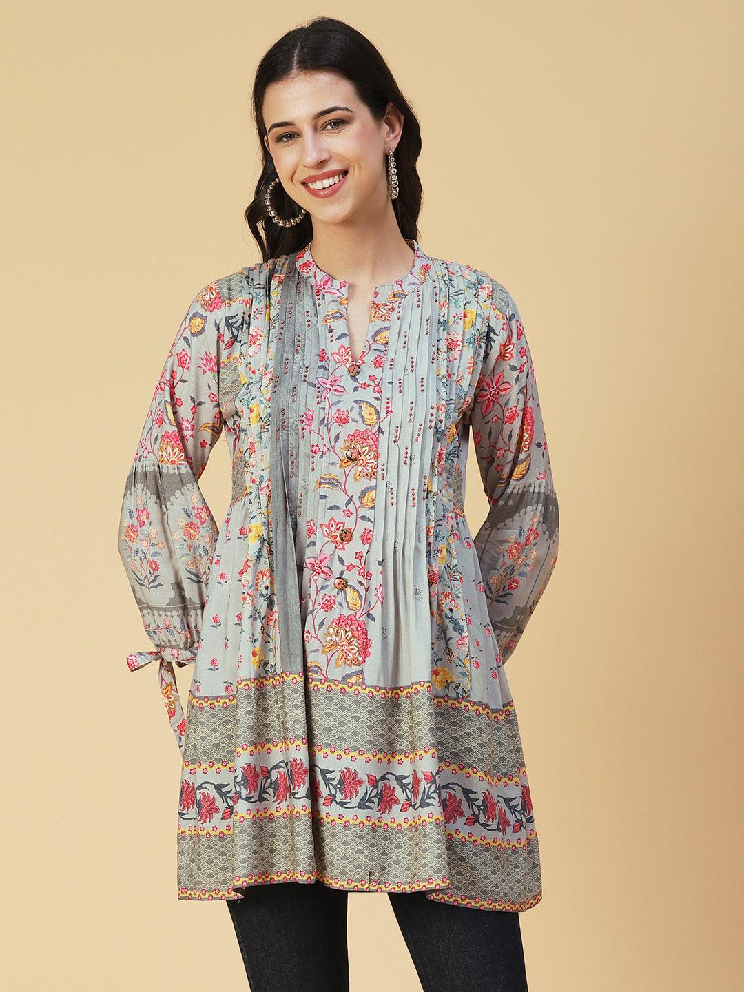 Floral Printed & Hand Embroidered A-Line Kurti - Grey - Indiakreations