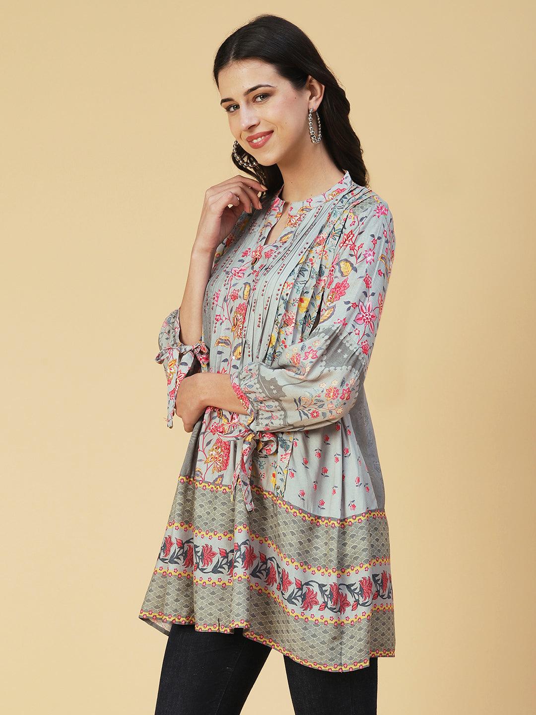 Floral Printed & Hand Embroidered A-Line Kurti - Grey - Indiakreations