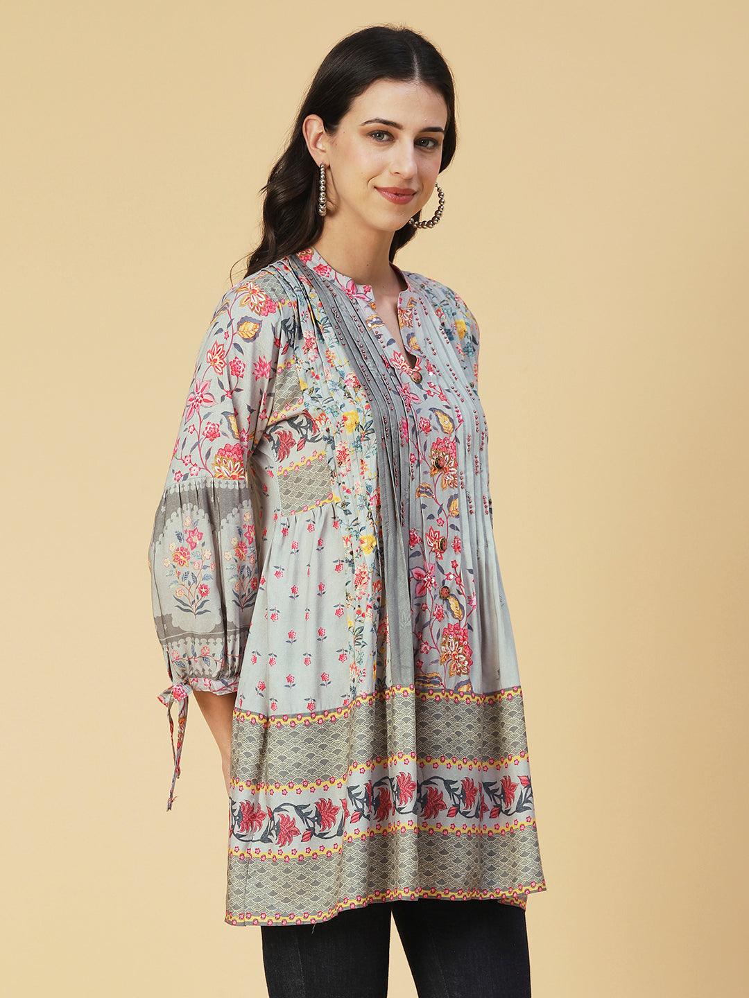 Floral Printed & Hand Embroidered A-Line Kurti - Grey - Indiakreations