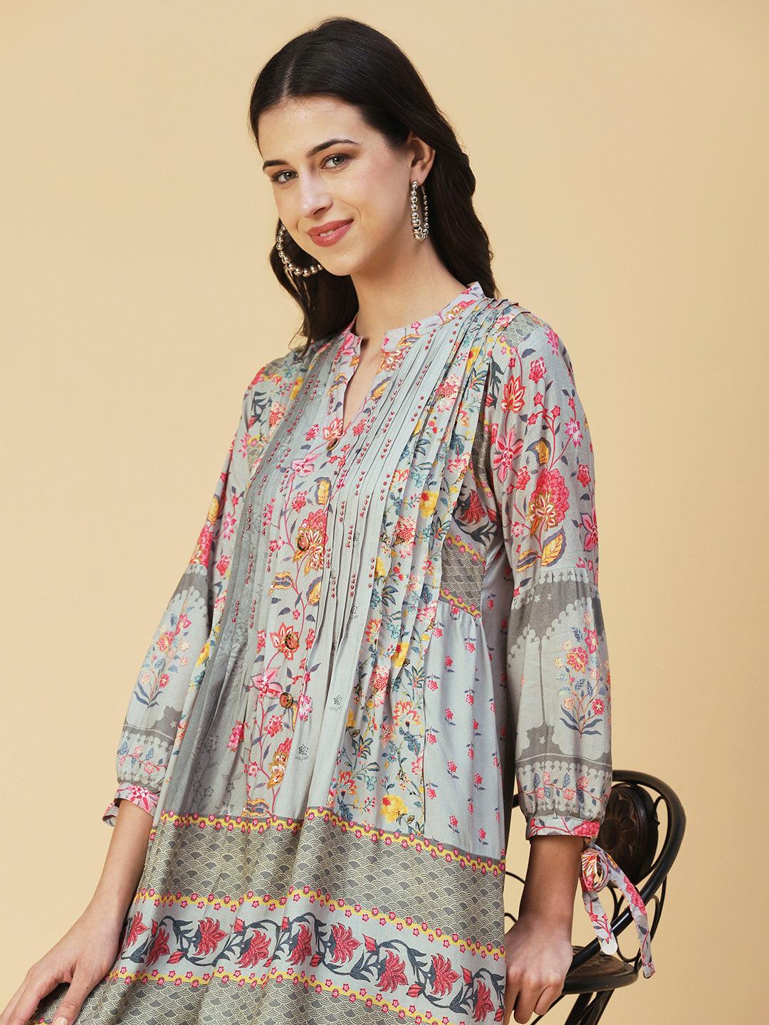 Floral Printed & Hand Embroidered A-Line Kurti - Grey - Indiakreations