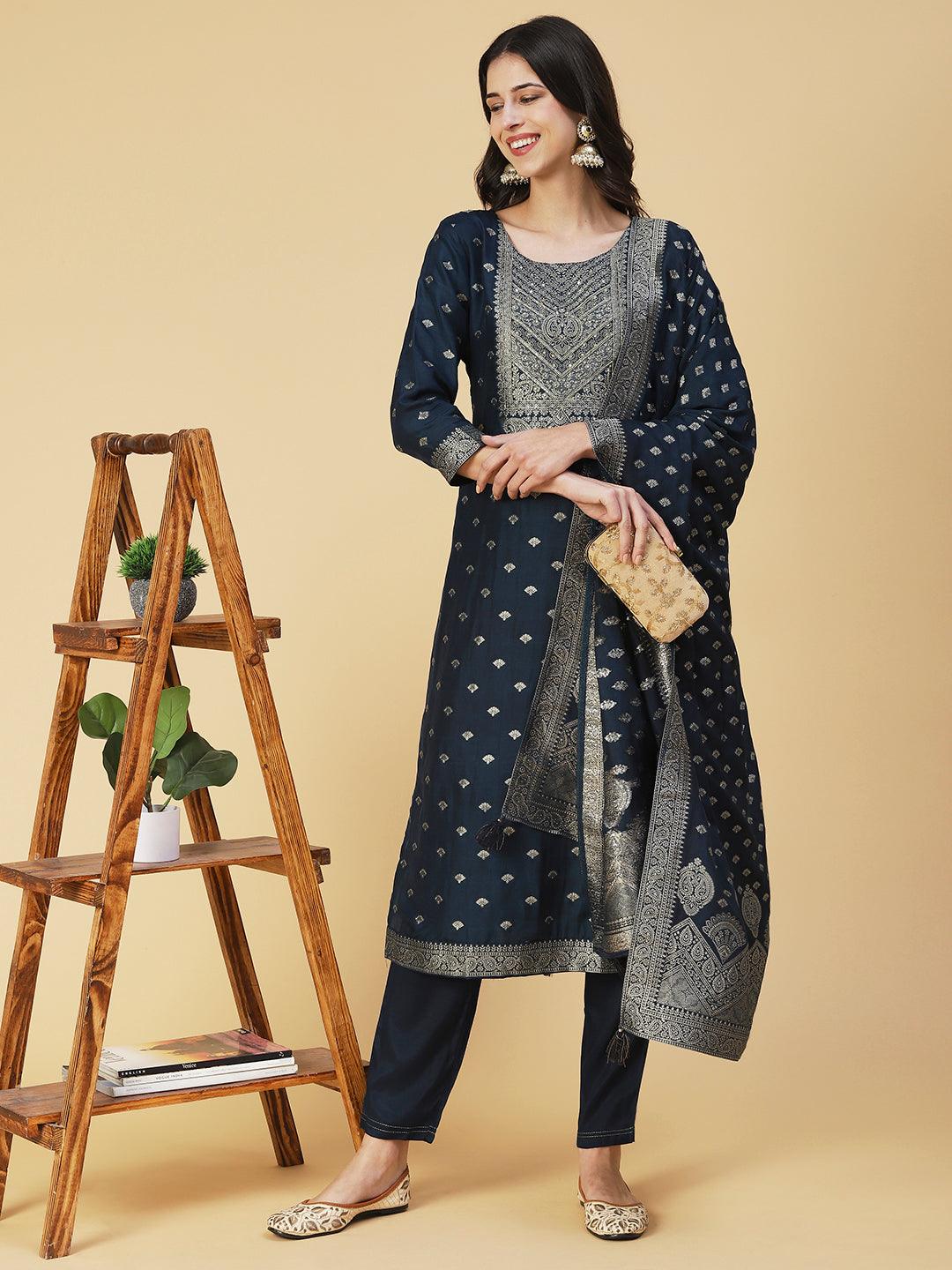 Solid Zari Jacquard Kurta With Pants & Jacquard Dupatta - Navy Blue - Indiakreations