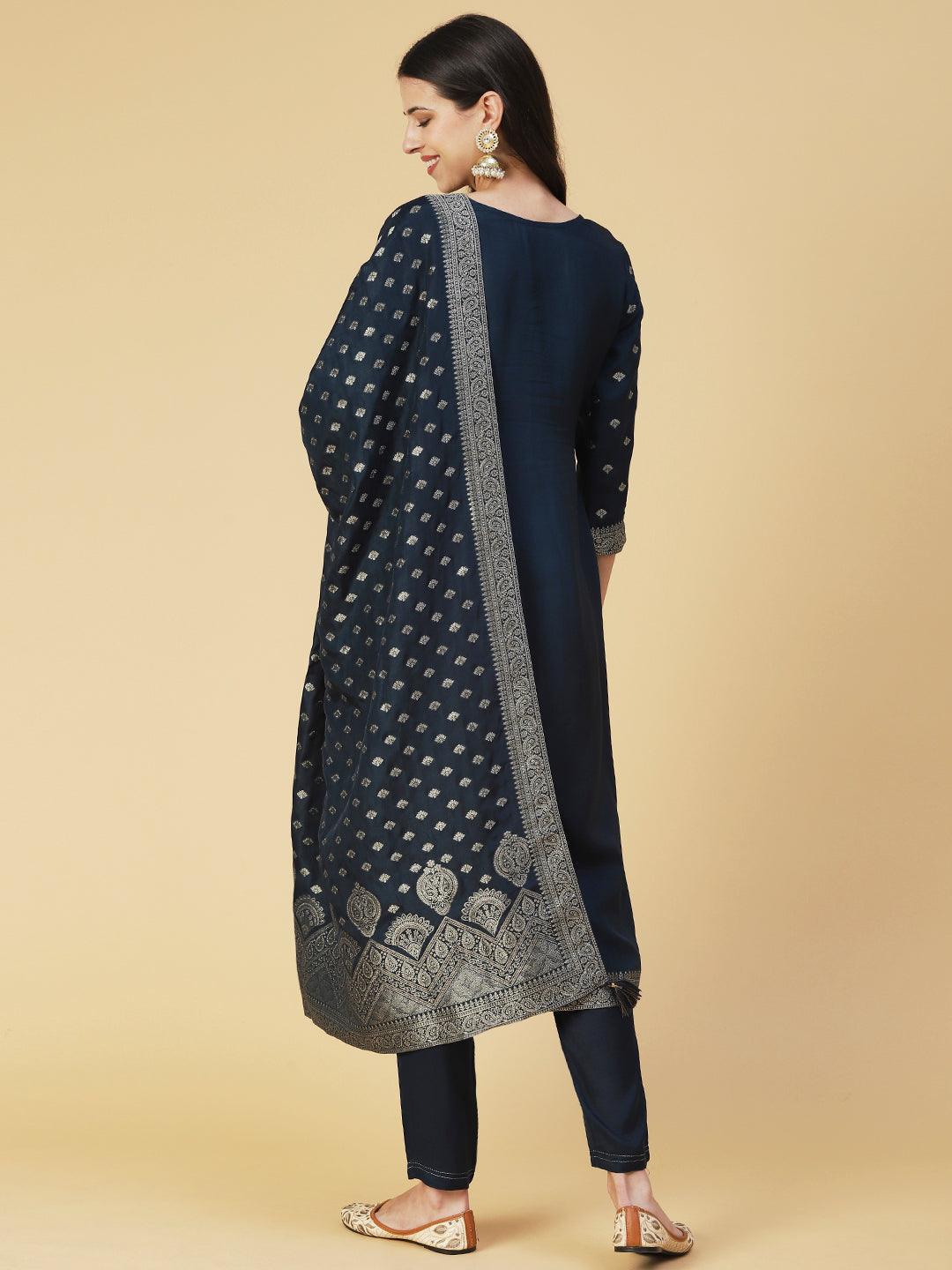 Solid Zari Jacquard Kurta With Pants & Jacquard Dupatta - Navy Blue - Indiakreations