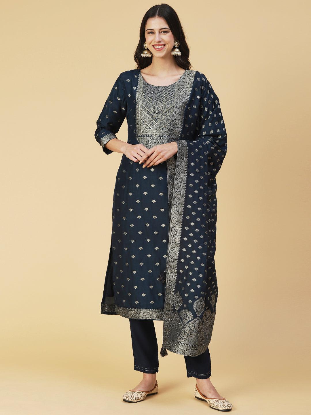 Solid Zari Jacquard Kurta With Pants & Jacquard Dupatta - Navy Blue - Indiakreations