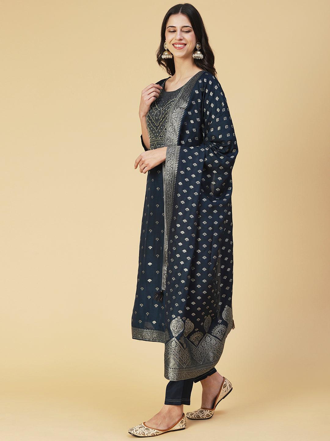 Solid Zari Jacquard Kurta With Pants & Jacquard Dupatta - Navy Blue - Indiakreations