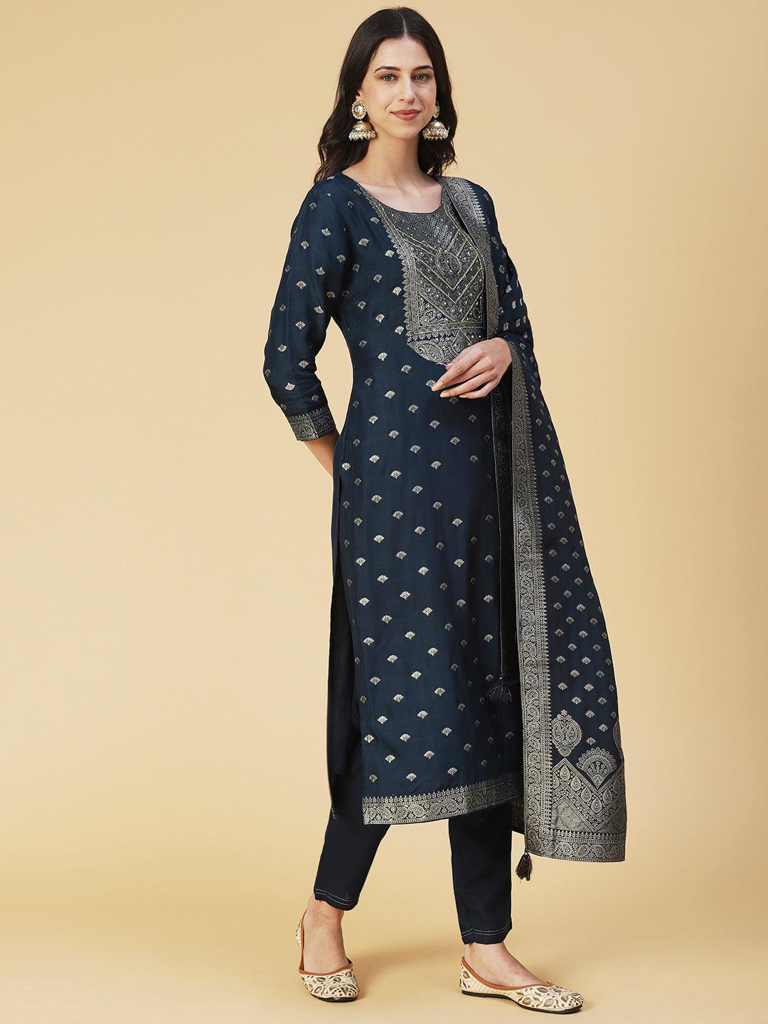 Solid Zari Jacquard Kurta With Pants & Jacquard Dupatta - Navy Blue - Indiakreations