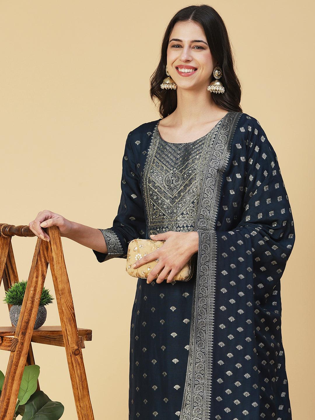 Solid Zari Jacquard Kurta With Pants & Jacquard Dupatta - Navy Blue - Indiakreations