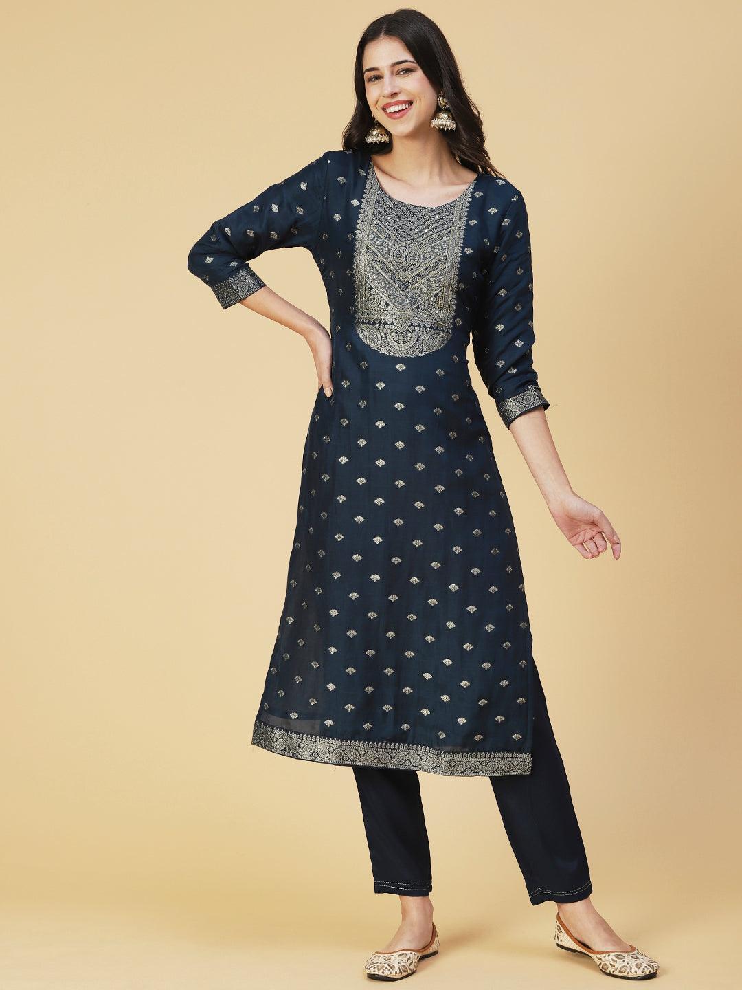 Solid Zari Jacquard Kurta With Pants & Jacquard Dupatta - Navy Blue - Indiakreations