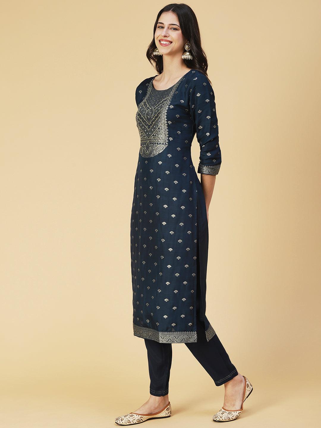 Solid Zari Jacquard Kurta With Pants & Jacquard Dupatta - Navy Blue - Indiakreations