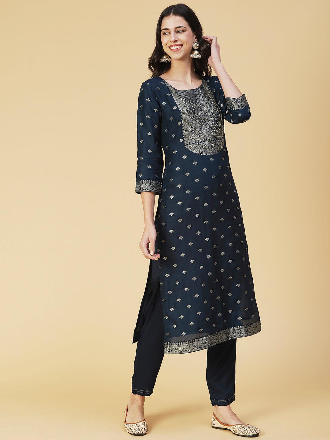 Solid Zari Jacquard Kurta With Pants & Jacquard Dupatta - Navy Blue - Indiakreations