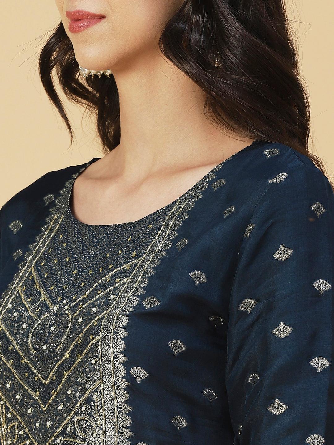 Solid Zari Jacquard Kurta With Pants & Jacquard Dupatta - Navy Blue - Indiakreations