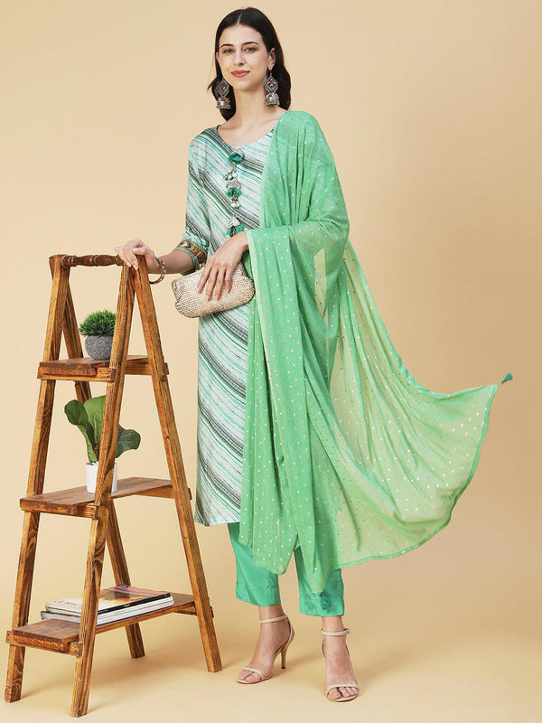 Daigonal Striped Resham Embroidered Kurta With Pants & Dupatta - Sea Green - Indiakreations