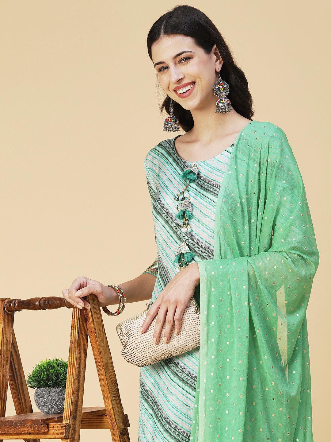 Daigonal Striped Resham Embroidered Kurta With Pants & Dupatta - Sea Green - Indiakreations