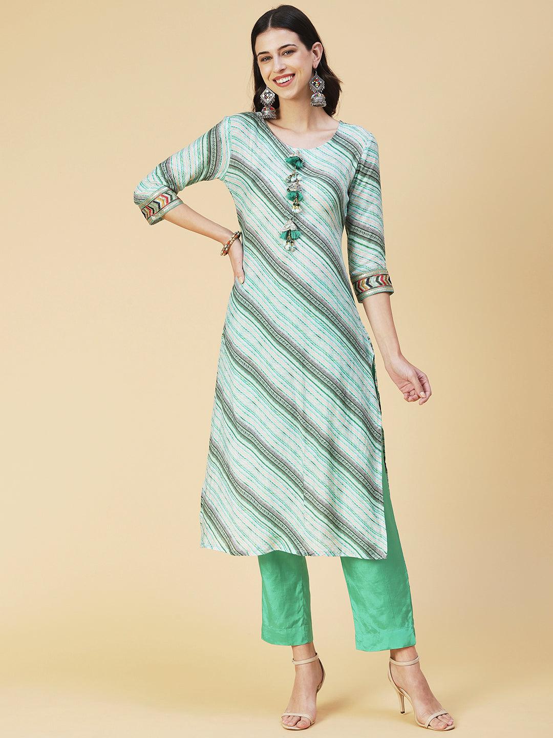 Daigonal Striped Resham Embroidered Kurta With Pants & Dupatta - Sea Green - Indiakreations