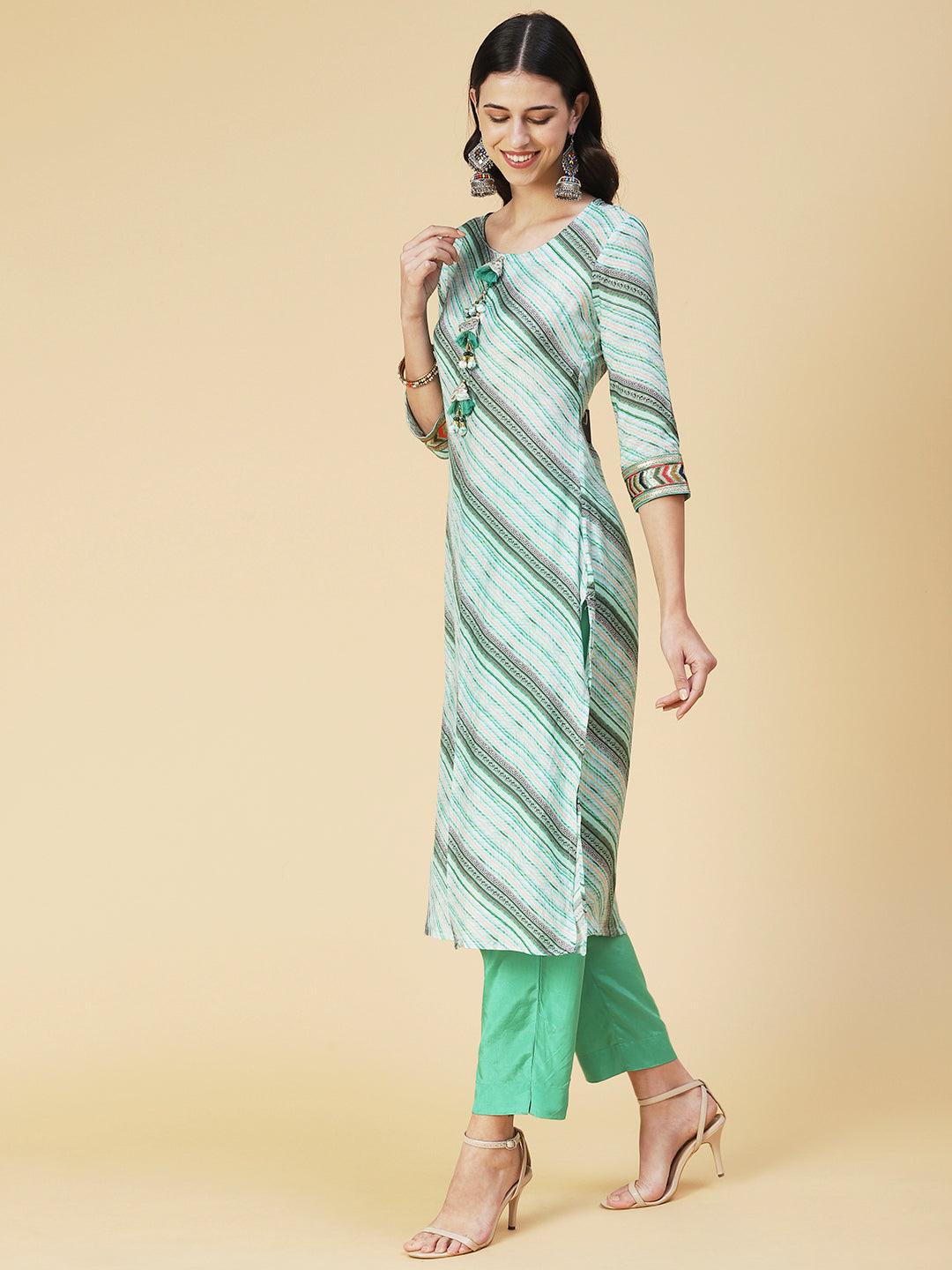 Daigonal Striped Resham Embroidered Kurta With Pants & Dupatta - Sea Green - Indiakreations