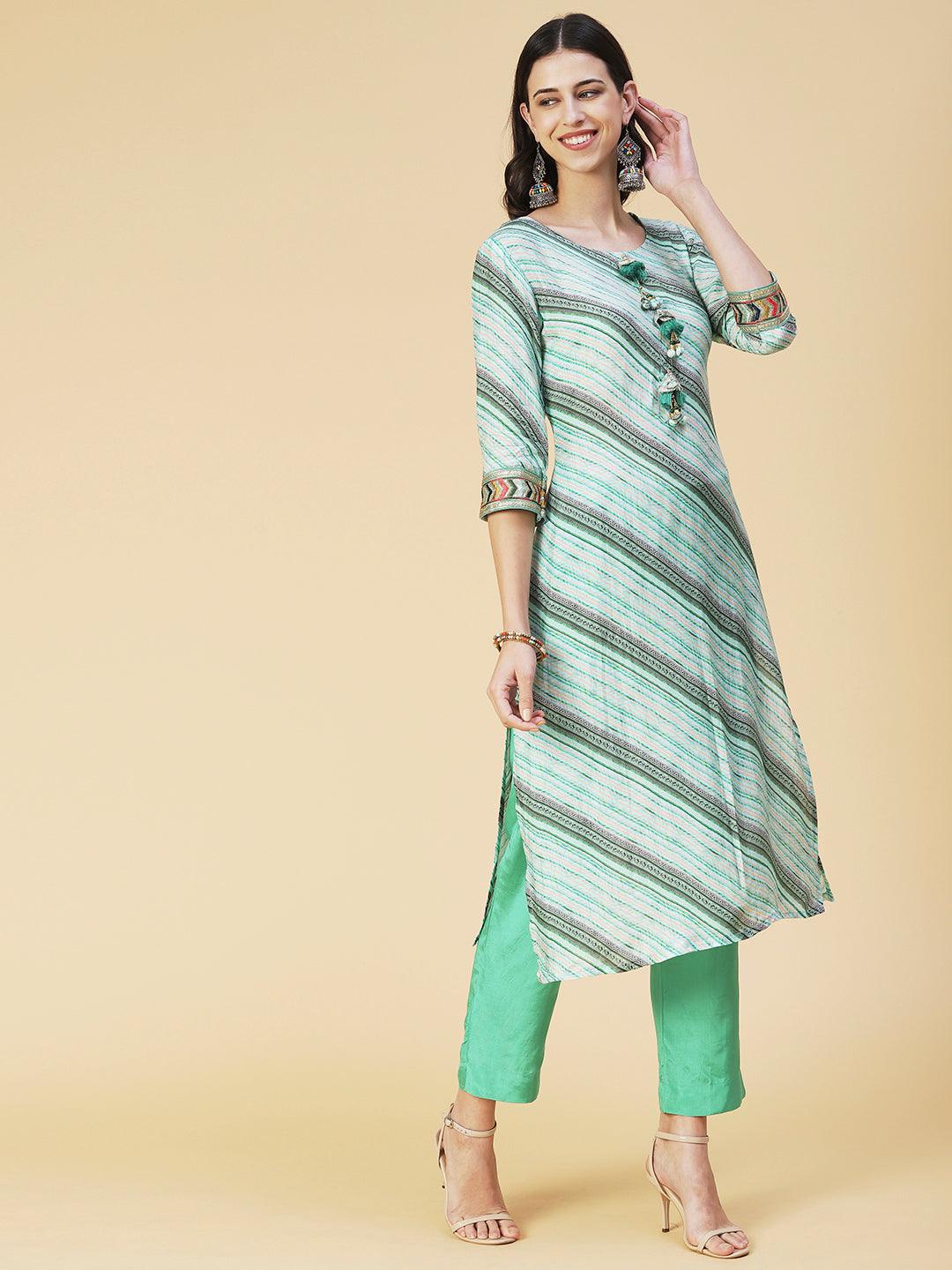 Daigonal Striped Resham Embroidered Kurta With Pants & Dupatta - Sea Green - Indiakreations