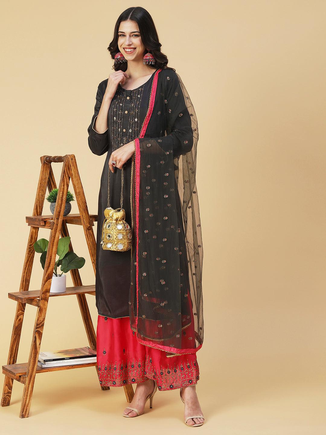 Solid Embroidered Kurta With Embroidered Sharara & Dupatta - Black - Indiakreations