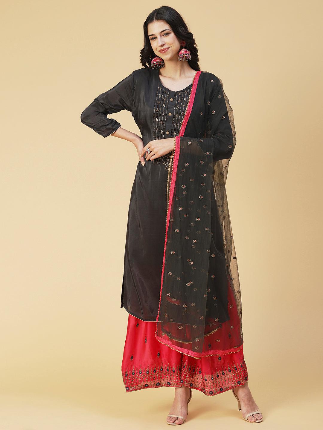 Solid Embroidered Kurta With Embroidered Sharara & Dupatta - Black - Indiakreations