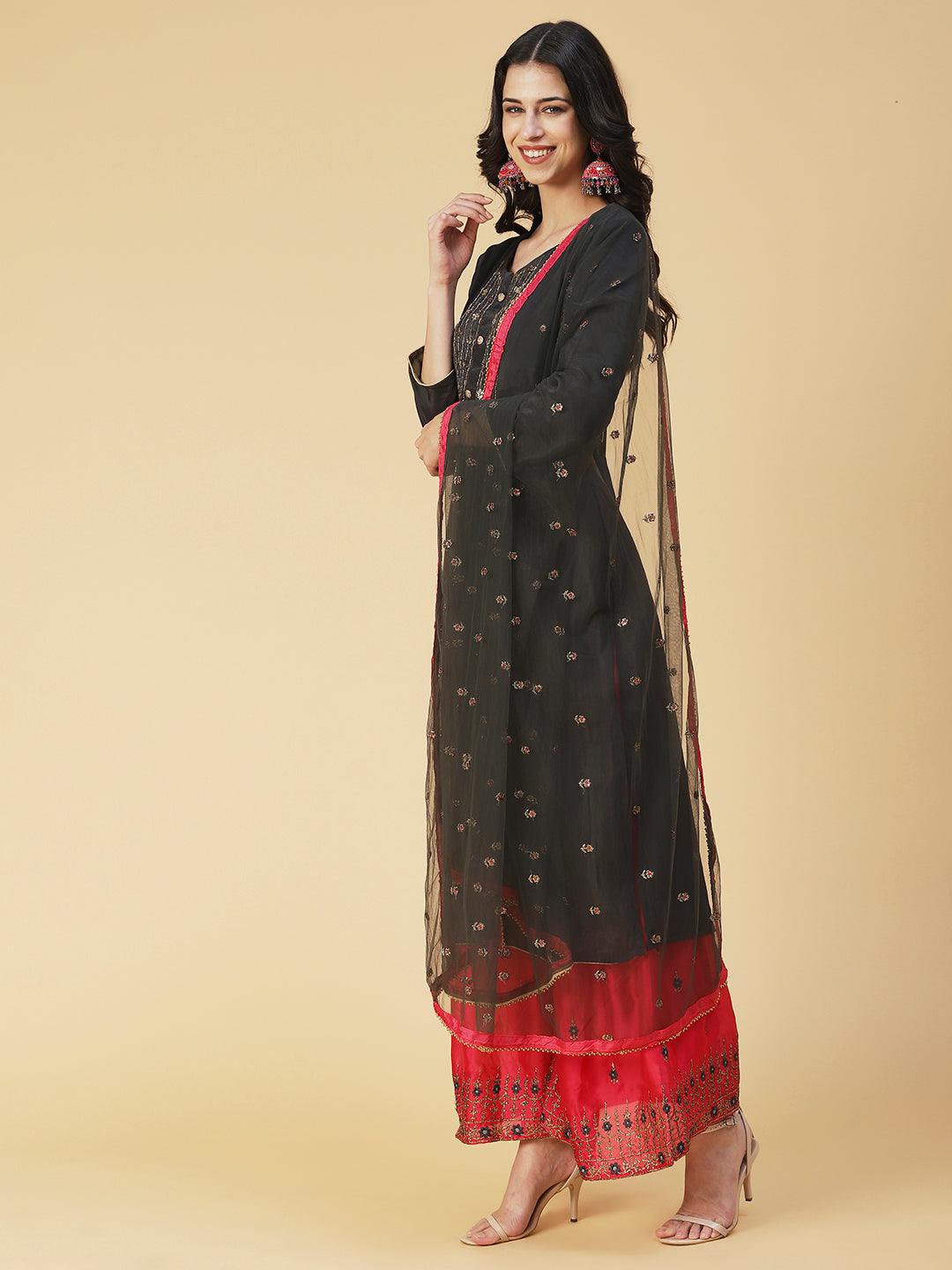 Solid Embroidered Kurta With Embroidered Sharara & Dupatta - Black - Indiakreations