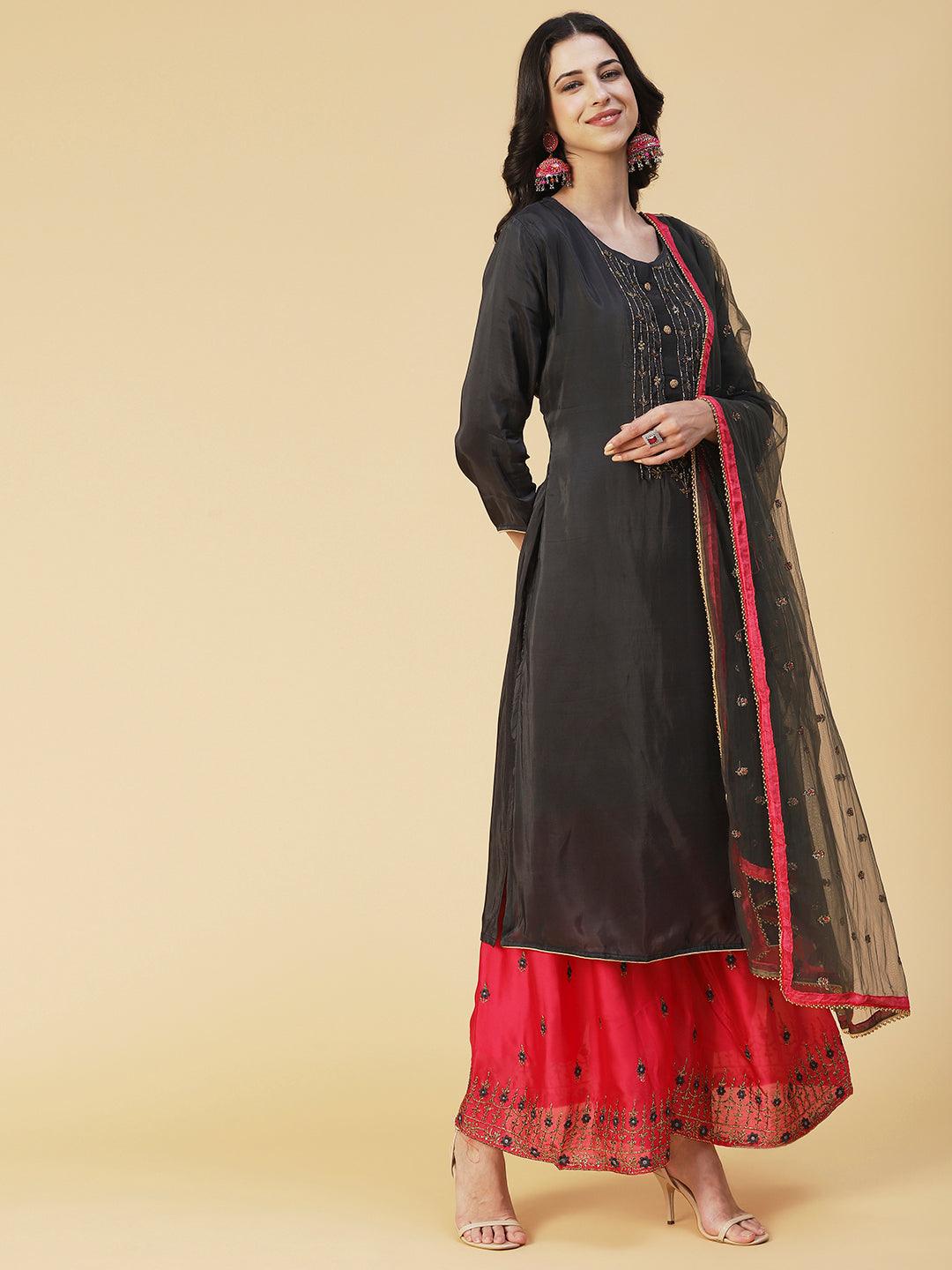 Solid Embroidered Kurta With Embroidered Sharara & Dupatta - Black - Indiakreations