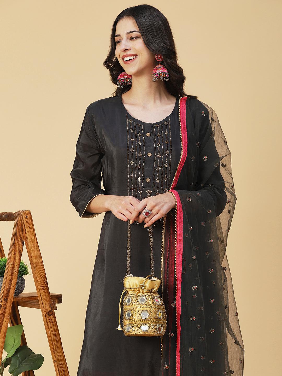 Solid Embroidered Kurta With Embroidered Sharara & Dupatta - Black - Indiakreations