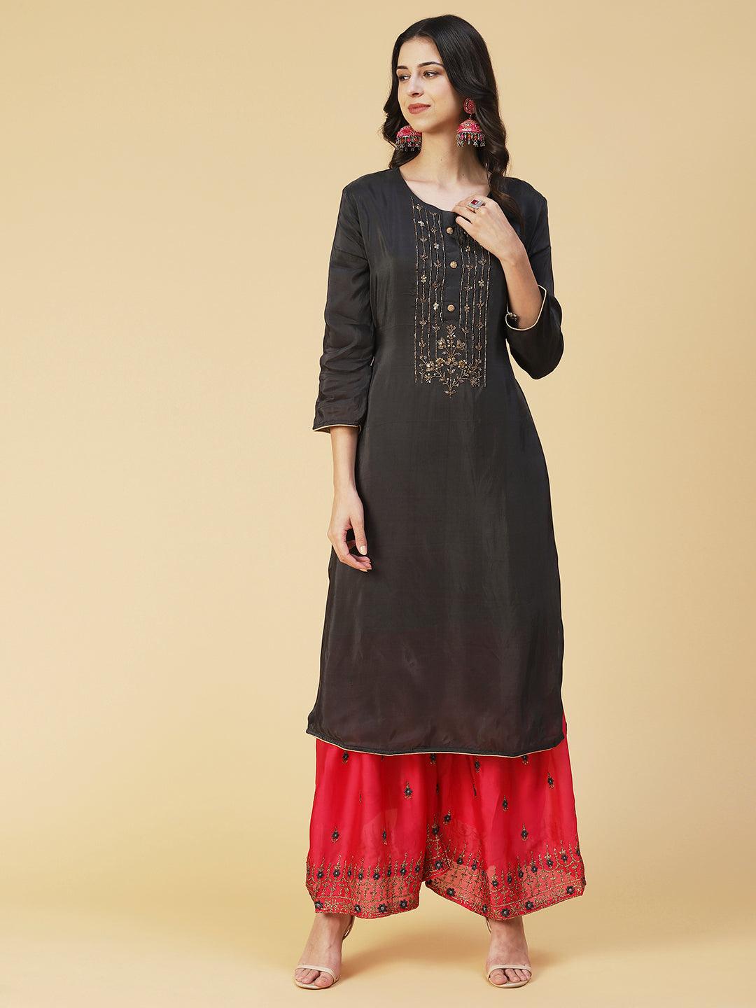 Solid Embroidered Kurta With Embroidered Sharara & Dupatta - Black - Indiakreations