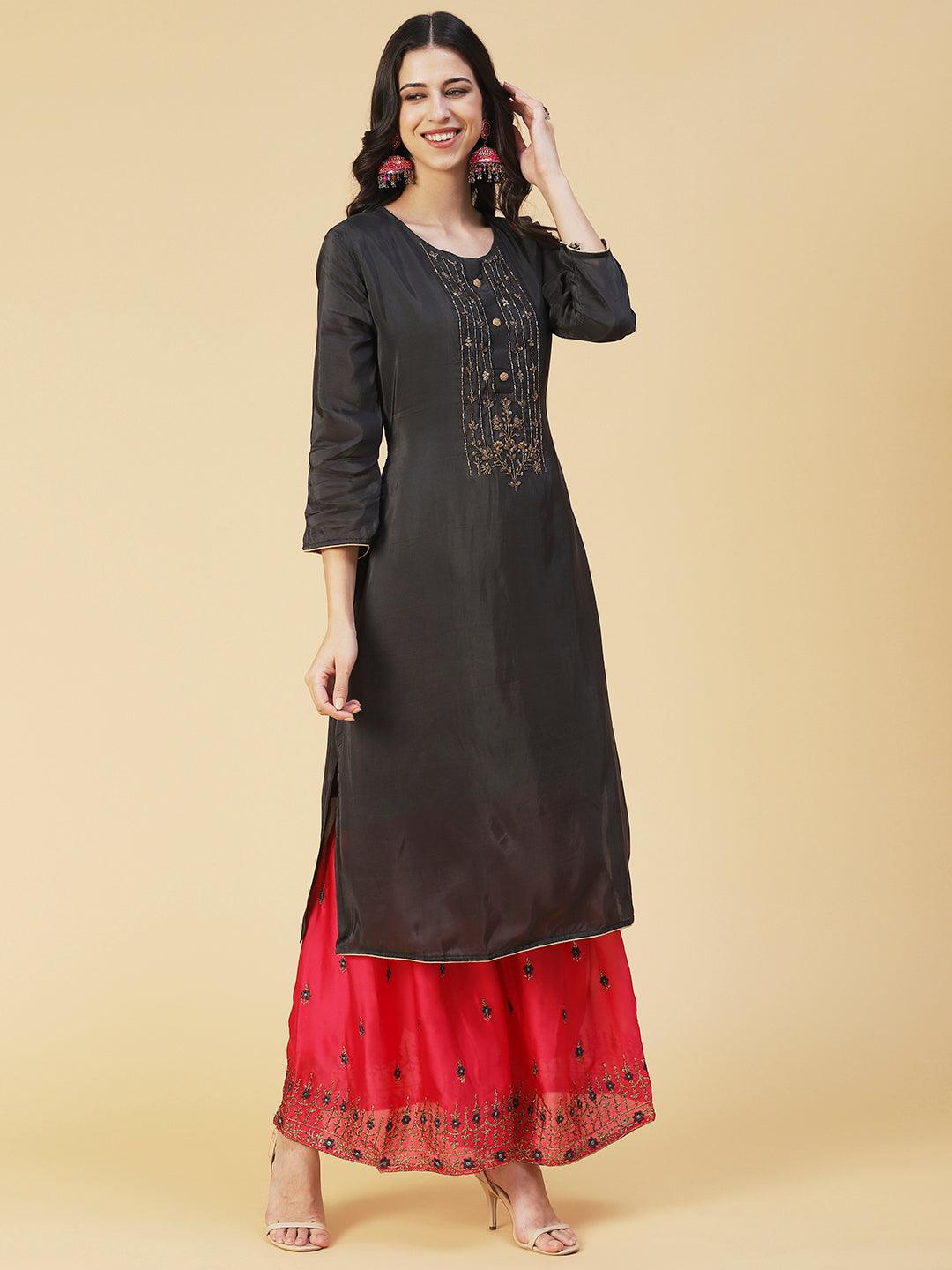 Solid Embroidered Kurta With Embroidered Sharara & Dupatta - Black - Indiakreations